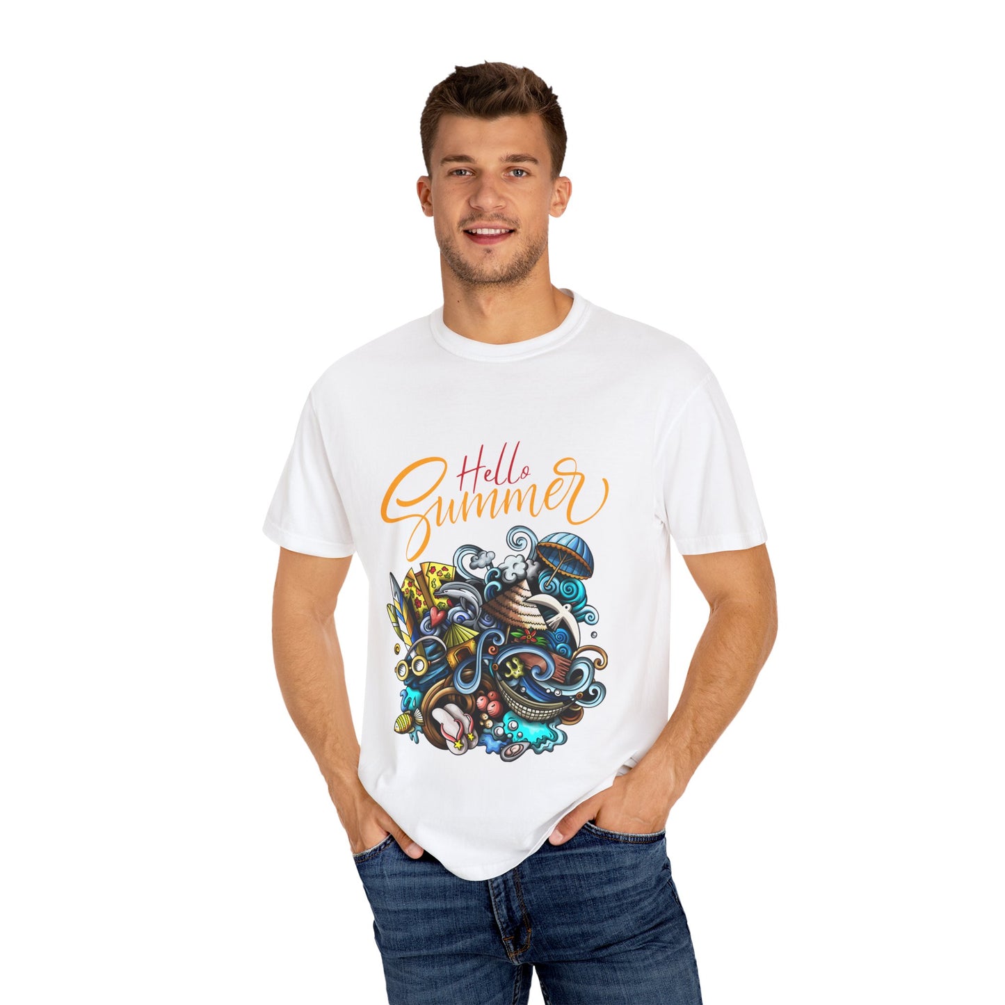 Hello Summer Unisex Garment-Dyed T-Shirt | Ocean Vibes Tee